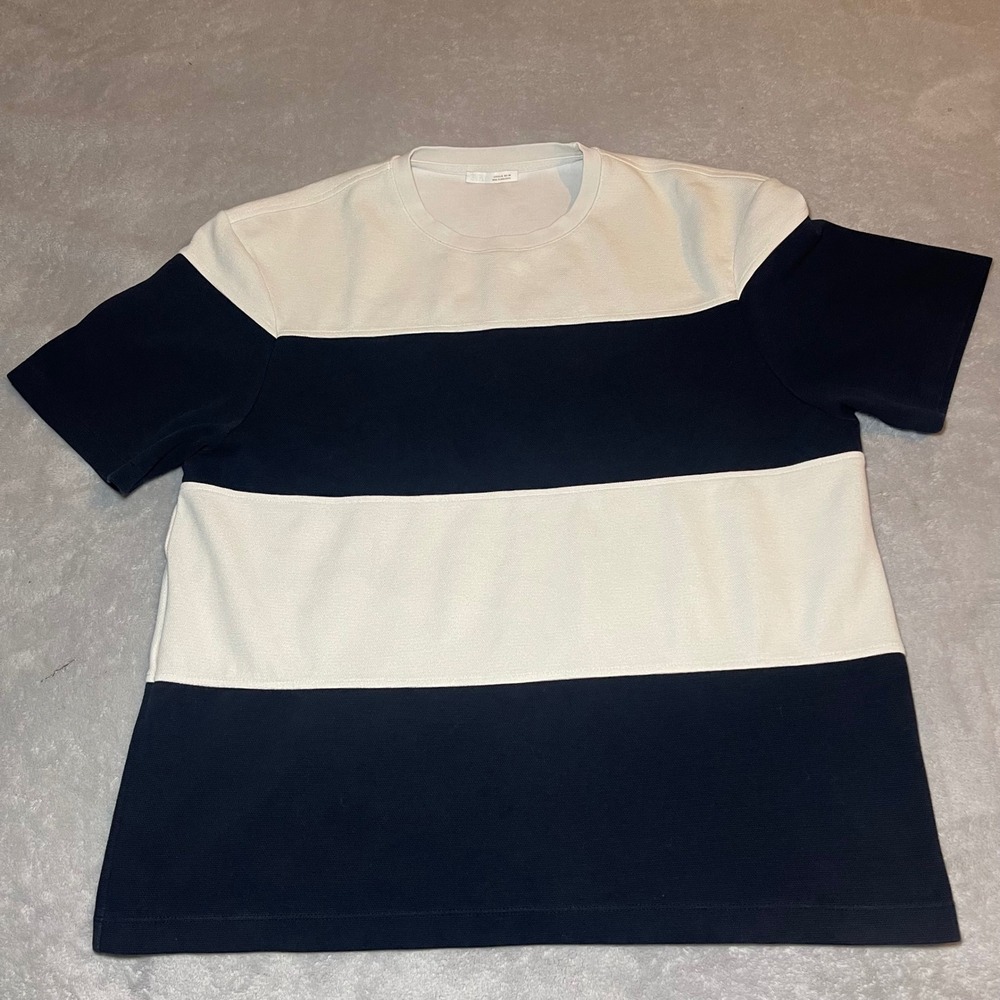 Zara T-Shirt Mens Navy Cream XL Colorblock Striped Short Sleeve Pique Knit